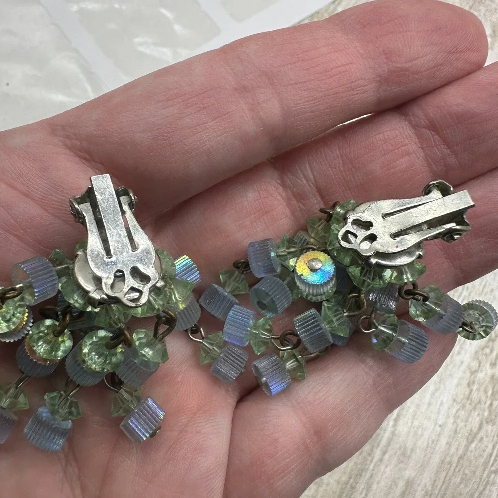 Vintage Clip On Earrings‎ Blue Glass Beaded Dangle Old Hollywood Glam Estate